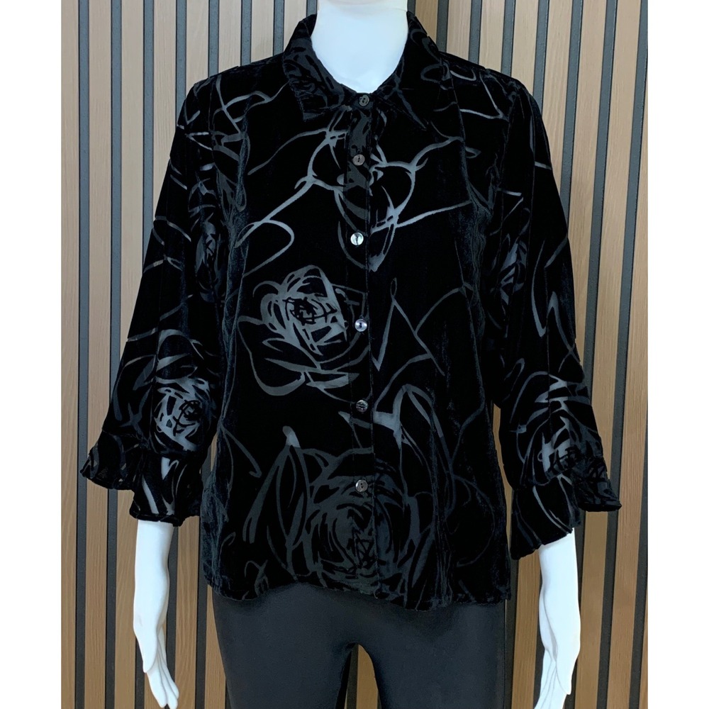 Coldwater Creek Black Burnout Velvet Rose Floral Blouse Ruffle Sleeve Medium
